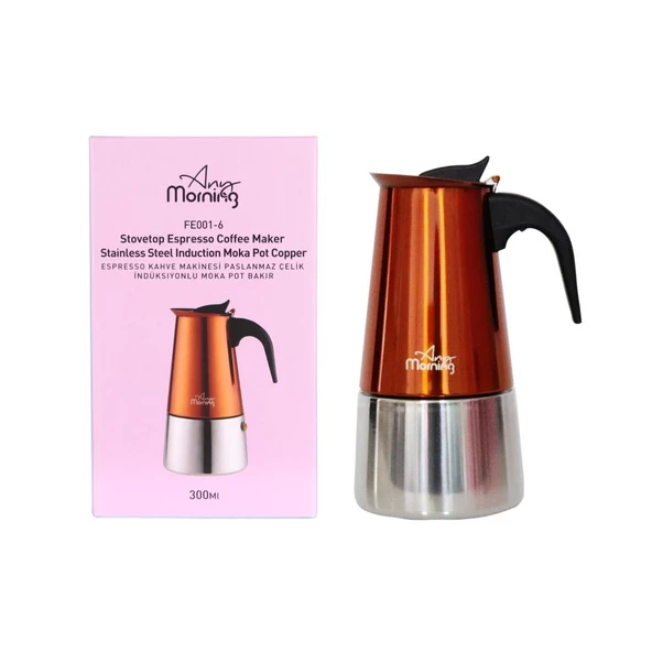 Any Morning FE001-6 Espresso Kahve Makinesi Paslanmaz Çelik İndüksiyonlu Moka Pot 300 Ml Bakır - 5