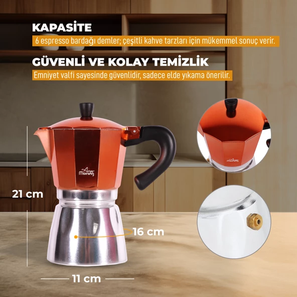 Any Morning Hes-6 Espresso Kahve Makinesi Alüminyum Moka Pot 240 Ml Bakır