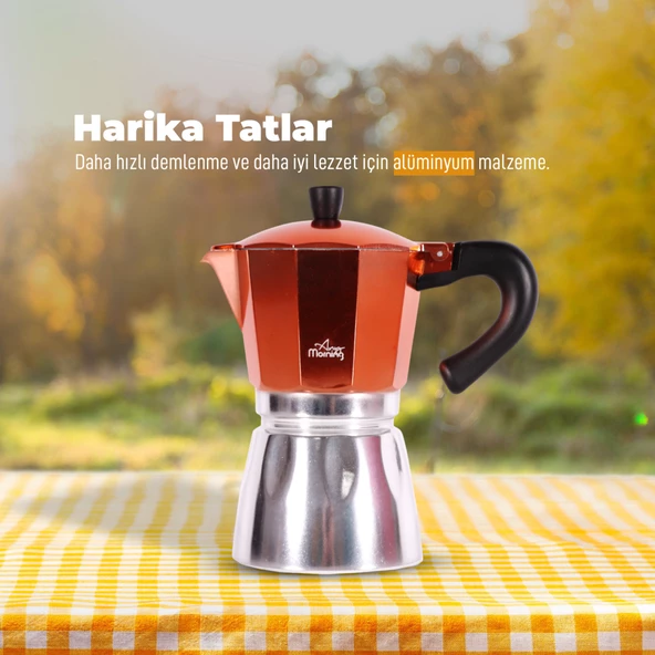 Any Morning Hes-6 Espresso Kahve Makinesi Alüminyum Moka Pot 240 Ml Bakır - 8