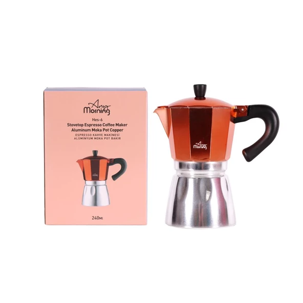 Any Morning Hes-6 Espresso Kahve Makinesi Alüminyum Moka Pot 240 Ml Bakır - 6