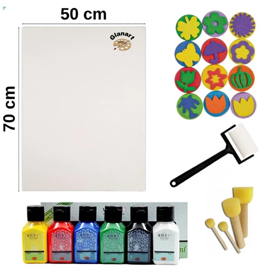 çocuklar için 50x70 cm tuval + 6x75 ml parmak boya seti ponpon fırçalı baskı evalı set yıkanabilir