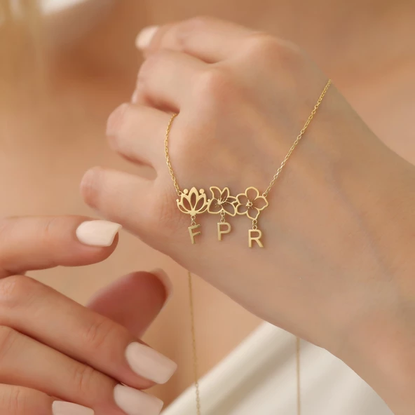 14 Ayar Mikron Altın Kaplama Çiçek Motifli Kişiselleştirilebilir Harf Gümüş Kolye - CN00298 - Resim 4