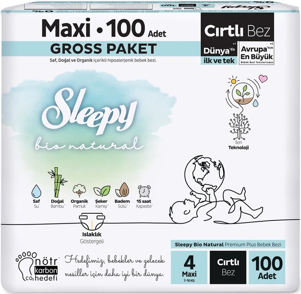 Sleepy Bebek Bezi Bio Natural Beden:4 (7-14KG) Maxi 100 Adet Gross Pk