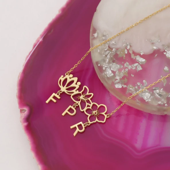 14 Ayar Mikron Altın Kaplama Çiçek Motifli Kişiselleştirilebilir Harf Gümüş Kolye - CN00298 - Resim 3