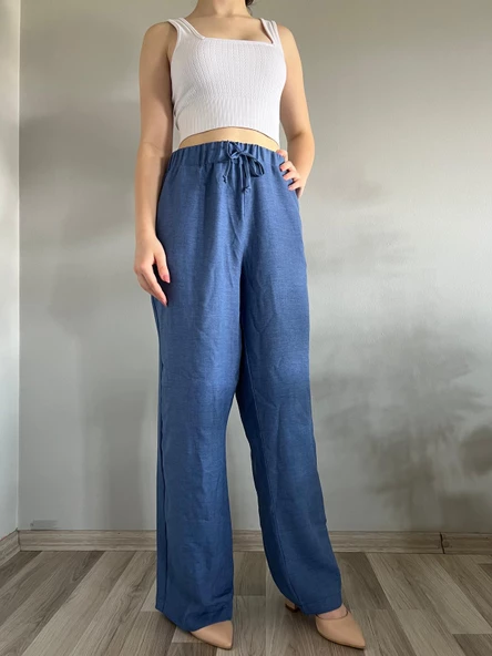 Kadın Mavi Keten Karışımlı Bol Kesim Pantolon - 3