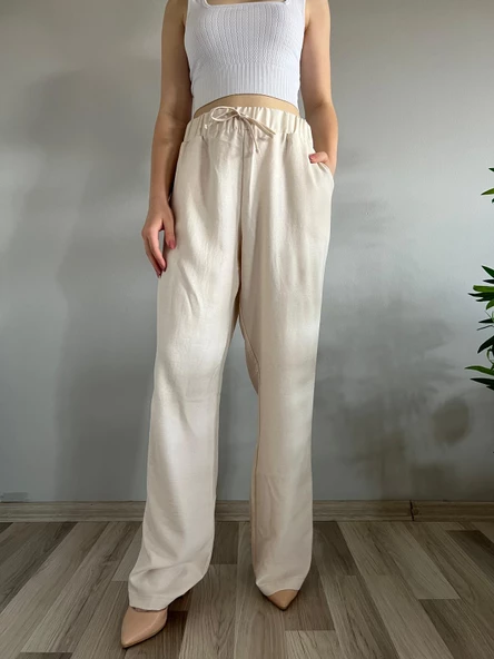 Kadın Taş Keten Karışımlı Bol Kesim Pantolon - 2