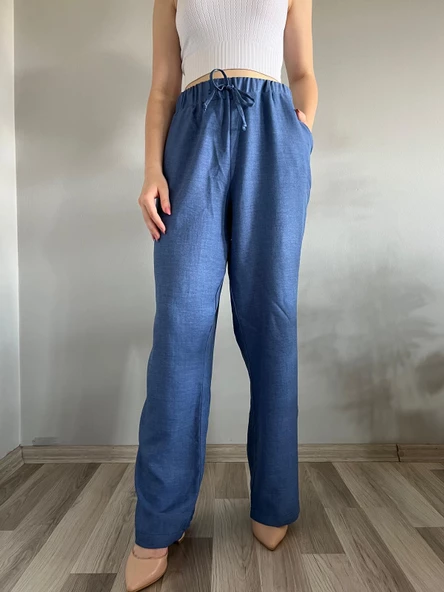 Kadın Mavi Keten Karışımlı Bol Kesim Pantolon - 2