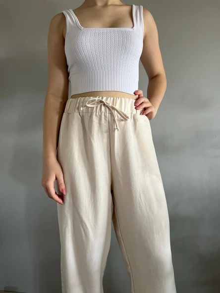 Kadın Taş Keten Karışımlı Bol Kesim Pantolon - 3