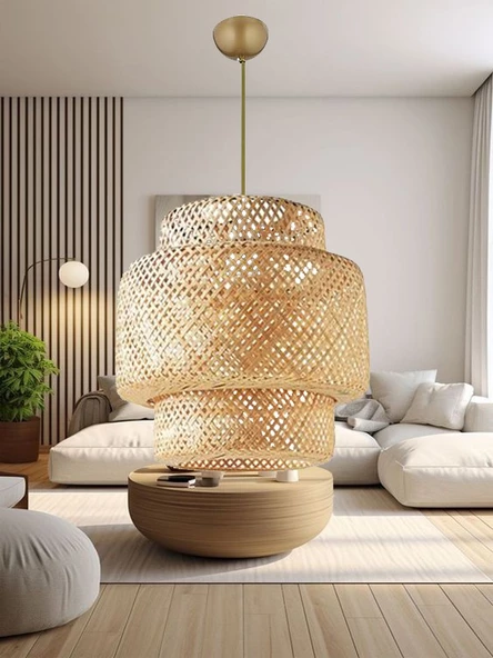 İstanbul Avize Rattan 40 cm Eskitme Tesisatlı Avize Bambu,İskandinav,Bohem,Modern Aydınlatma