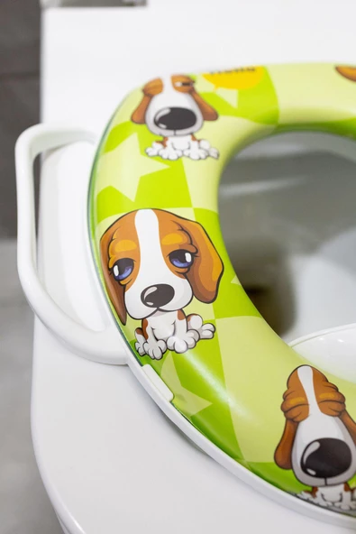 Çocuk Bebek Klozet Adaptörü, Lazımlık Kulplu Süngerli Taşınabilir Lüx Köpek Desenli Anne Bebek - 3