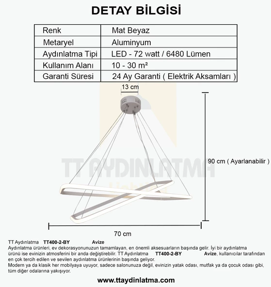 TT Aydınlatma TT400-2 BY  Dikdörtgen 2 li Mat Beyaz Led Avize - Resim 4