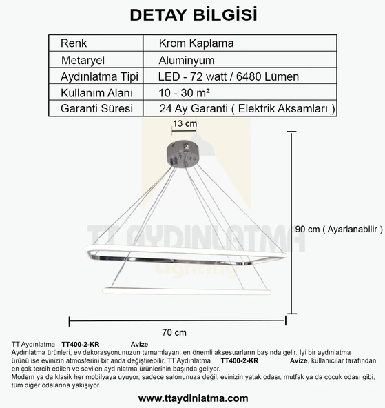 TT Aydınlatma TT400-2 KR  Dikdörtgen 2 li Krom Kaplama Led Avize - Resim 4