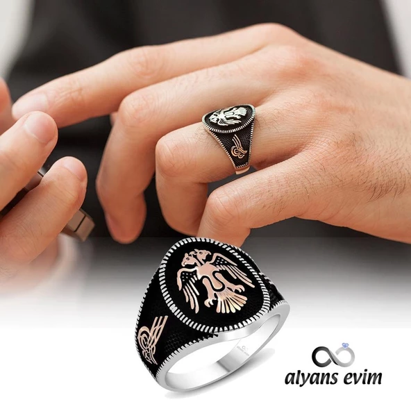 Gümüş Selçuklu Çift Kartal Başlı Erkek Yüzük - Resim 3