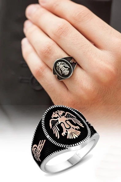 Gümüş Selçuklu Çift Kartal Başlı Erkek Yüzük ürün görseli 1
