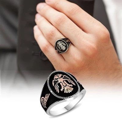 Gümüş Selçuklu Çift Kartal Başlı Erkek Yüzük - Resim 8