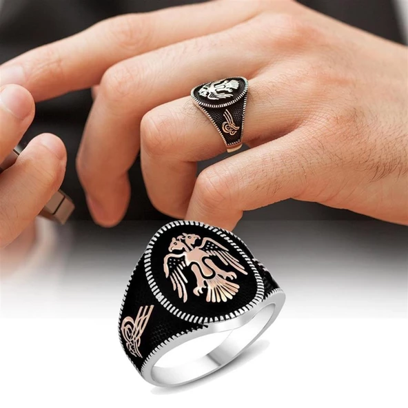 Gümüş Selçuklu Çift Kartal Başlı Erkek Yüzük - Resim 9