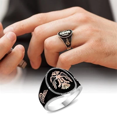 Gümüş Selçuklu Çift Kartal Başlı Erkek Yüzük - Resim 5