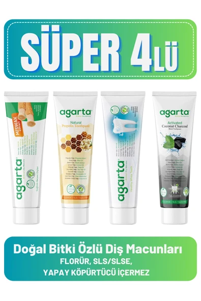 Agarta Doğal Diş Macunları(Misvak 100 ml + Propolis 100 ml + Bitki Özlü 100 ml + Karbon 100 ml)