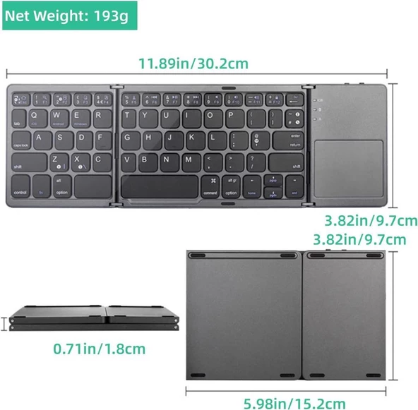 Hegitech T-10 10.1" Uyumlu Kablosuz Bluetooth TouchPad'li Şarj Edilebilir Katlanabilir Klavye - 12