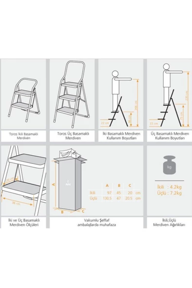 Hafif Esnek Geniş 2 Basamaklı Katlanır Ergonomik Merdiven - 2