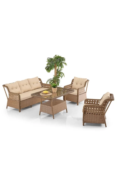 Evdemo Deniz Rattan Puflu Bahçe Balkon Takımı 3+1+1 Kahve - 2