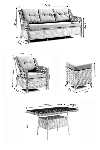 Evdemo Deniz Rattan Puflu Bahçe Balkon Takımı 3+1+1 Gri - 5