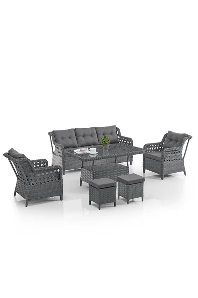 Evdemo Deniz Rattan Puflu Bahçe Balkon Takımı 3+1+1 Antrasit ürün görseli