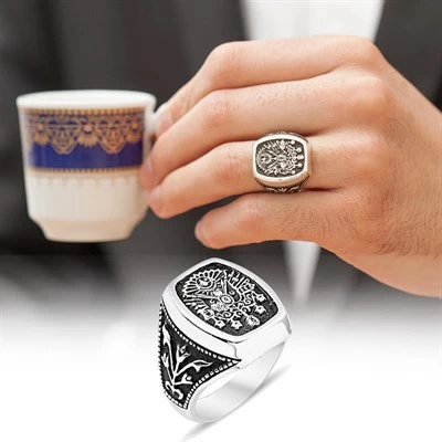 Gümüş Osmanlı Armalı Erkek Yüzük - 10