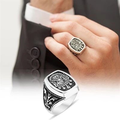 Gümüş Osmanlı Armalı Erkek Yüzük - 6