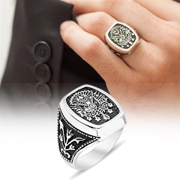 Gümüş Osmanlı Armalı Erkek Yüzük - 11