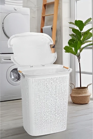 Woow Ahşap Saplı Set Beyaz Kirli Sepeti Ve Çamaşır Sepeti - Kapaklı Banyo Seti - 3