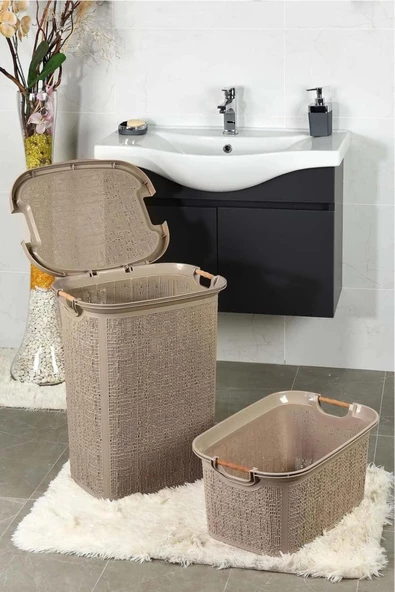 Woow Kahve Kirli Sepeti Ve Çamaşır Sepeti Seti - Ahşap Saplı Banyo Seti