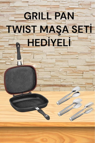 Kare Double Grıll Pan 34 Cm Kare Çift Taraflı Tava Twıst 3 Parça Maşa Seti