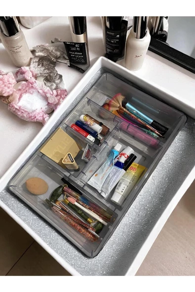 Luna Füme 5 Bölmeli Çekmece İçi Düzenleyici, Kapaklı Makyaj ,Takı Düzenleyici, Masaüstü Organizer - Resim 2