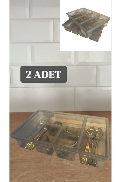 2 Adet Füme Luna 5 Bölmeli Çekmece İçi Düzenleyici, Kapaklı Kaşık,Çatal,Bıçak Düzenleyici, - 6