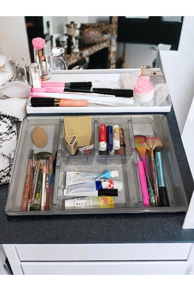 Luna Füme 5 Bölmeli Çekmece İçi Düzenleyici, Kapaklı Makyaj ,Takı Düzenleyici, Masaüstü Organizer - Resim 6