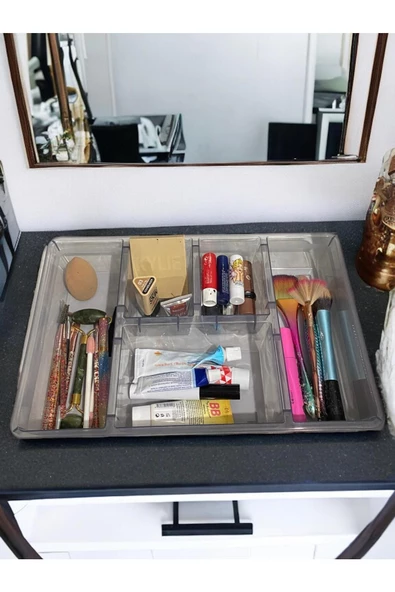 Luna Füme 5 Bölmeli Çekmece İçi Düzenleyici, Kapaklı Makyaj ,Takı Düzenleyici, Masaüstü Organizer - Resim 5