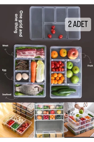 2 Adet Luna Kapaklı 5 Bölmeli Buzdolabı Düzenleyici Sebzelik - Et Balık Sebze Organizer