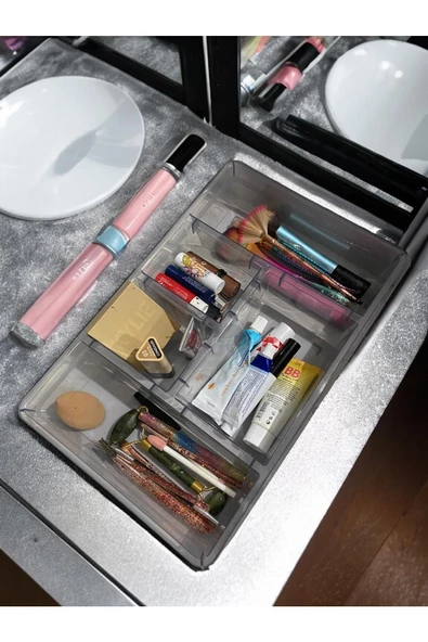 Luna Füme 5 Bölmeli Çekmece İçi Düzenleyici, Kapaklı Makyaj ,Takı Düzenleyici, Masaüstü Organizer - Resim 3
