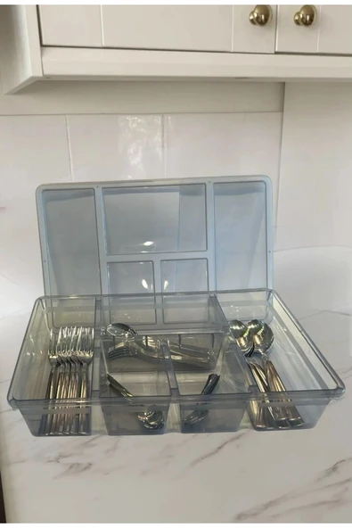 Füme Luna 5 Bölmeli Çekmece Düzenleyici Kapaklı Çatal Kaşık Kutusu - Mutfak Organizer - 5