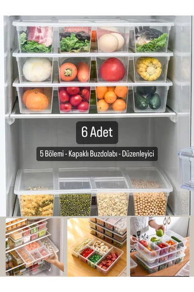 6 Adet Luna Kapaklı 5 Bölmeli Buzdolabı Düzenleyici Sebzelik - Et Balık Sebze Organizer Piknik