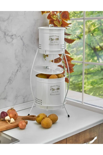 Eco 2 Katlı Patates Soğan Metal Saklama Kovası Beyaz - Sebzelik Meyvelik - 2