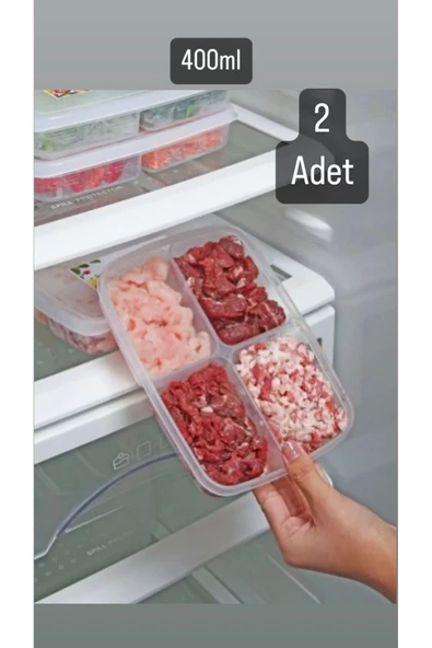 4 'lü 2 Boy Porsiyon Bölmeli Saklama Kabı Seti 2 2 Et, Kıyma, Sebze, Buzdolabı, Buzluk Düzenleyici - Resim 3