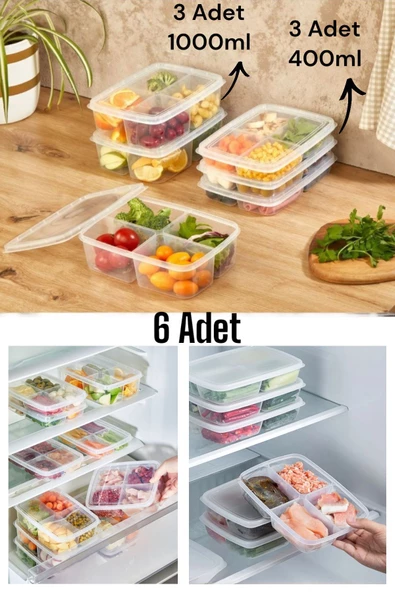 6 Adet 2 Boy 4 Bölmeli Saklama Kabı Seti Öğünlük Et Kıyma Sebze Buzluk Düzenleyici Porsiyonluk
