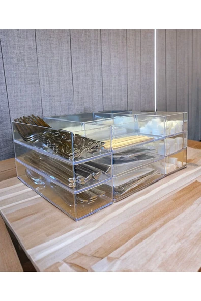 18 Parça Şeffaf Çeyizlik Çatal Kaşık Düzenleyici Kutu - Çekmece Veya Dolap İçi İstif Organizer - 3