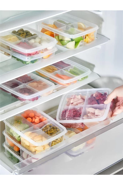 Large 4 Adet Dondurulmuş 1000 ml 4 Bölmeli Öğünlük Et Sebze Saklama Kabı - Buzluk Organizer - Resim 3