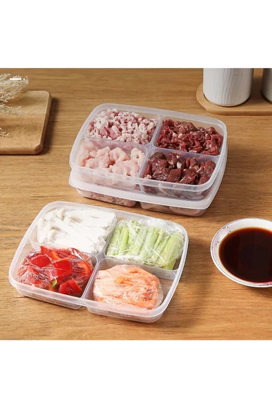 4 'lü 2 Boy Porsiyon Bölmeli Saklama Kabı Seti 2 2 Et, Kıyma, Sebze, Buzdolabı, Buzluk Düzenleyici - Resim 5