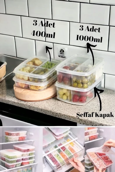 6' LI 2 Boy Porsiyon Bölmeli Saklama Kabı Seti - Et, Kıyma, Sebze, Buzdolabı, Buzluk Düzenleyici