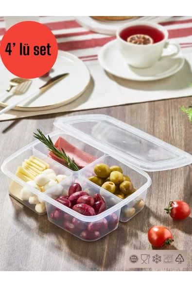 Large 4 Adet Dondurulmuş 1000 ml 4 Bölmeli Öğünlük Et Sebze Saklama Kabı - Buzluk Organizer