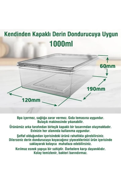 15 Adet Kendinden Kapaklı Erzak Saklama Kabı 1 Lt Kapaklı Kilitli Dondurucuya Uygun - 4